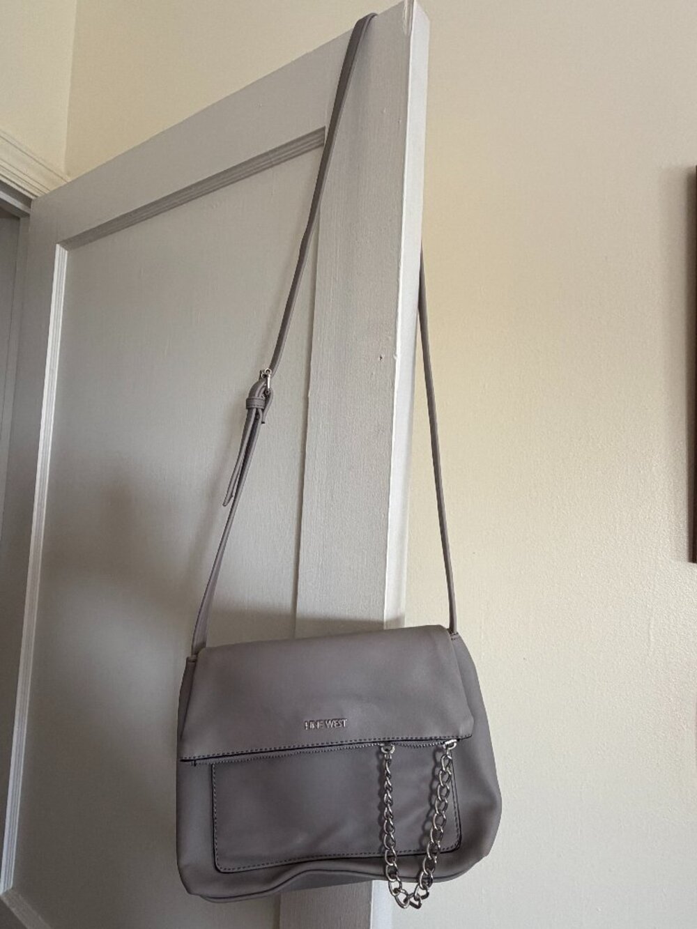 Nine West Gray Foldover Crossbody Bag Chain Detail Adjustable Strap
